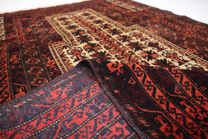Vintage Handmade Afghan Wool Prayer Rug - Soft Pile Turkmen Tribal Area Carpet