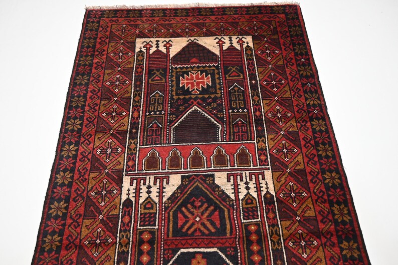 Vibrant Red Vintage Afghan Baluchi Handmade Wool Prayer Rug