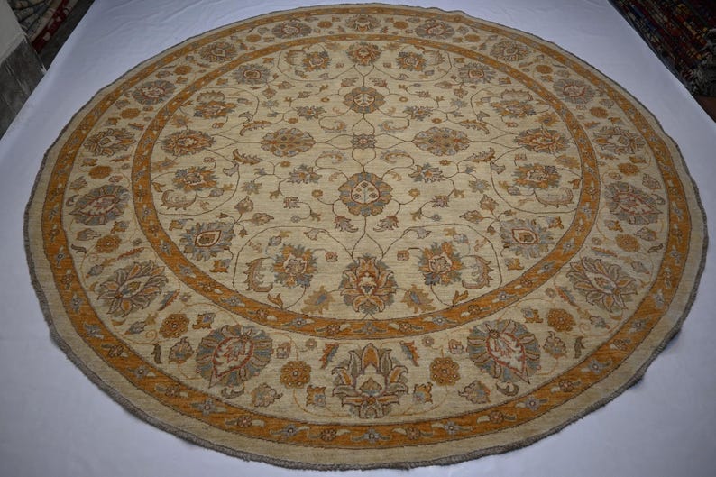 Luxury 9x9 ft Hand-Knotted Turkmen Zeigler Oushak Wool Rug Beige Natural Dyes