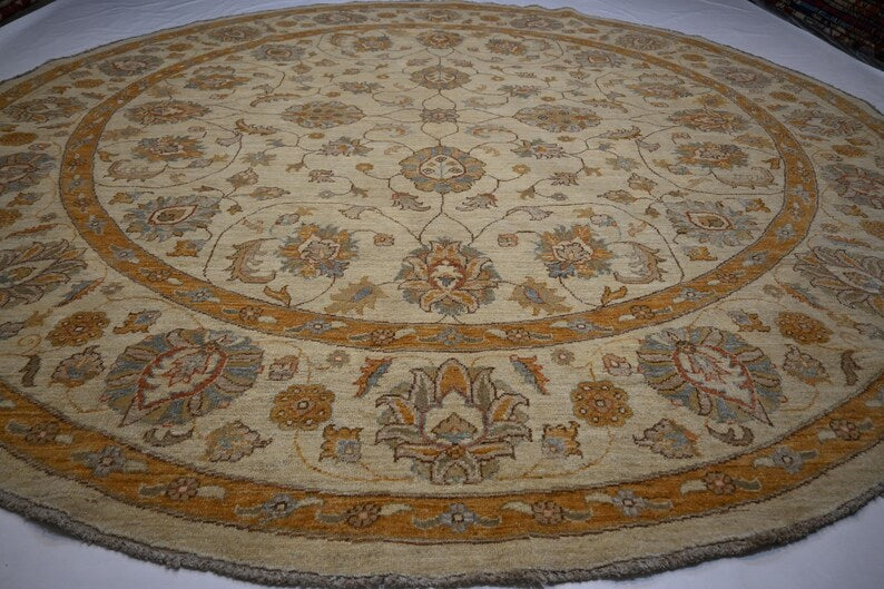Luxury 9x9 ft Hand-Knotted Turkmen Zeigler Oushak Wool Rug Beige Natural Dyes