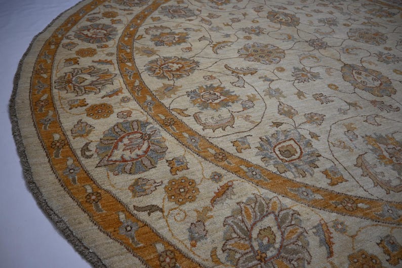 Luxury 9x9 ft Hand-Knotted Turkmen Zeigler Oushak Wool Rug Beige Natural Dyes