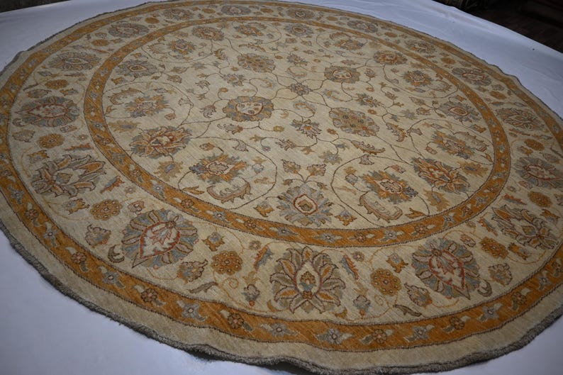 Luxury 9x9 ft Hand-Knotted Turkmen Zeigler Oushak Wool Rug Beige Natural Dyes