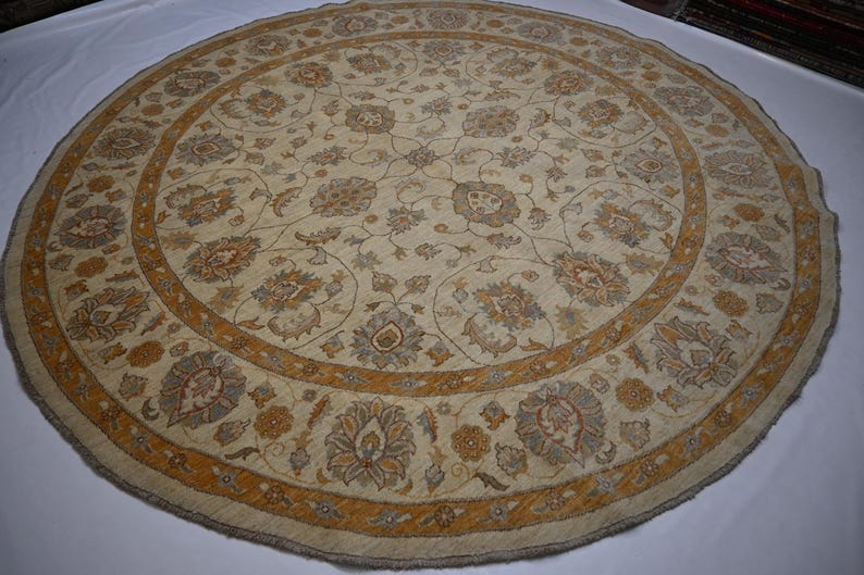 Luxury 9x9 ft Hand-Knotted Turkmen Zeigler Oushak Wool Rug Beige Natural Dyes