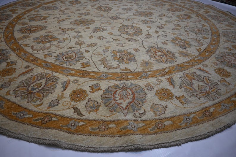 Luxury 9x9 ft Hand-Knotted Turkmen Zeigler Oushak Wool Rug Beige Natural Dyes