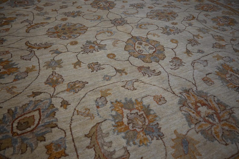 Luxury 9x9 ft Hand-Knotted Turkmen Zeigler Oushak Wool Rug Beige Natural Dyes