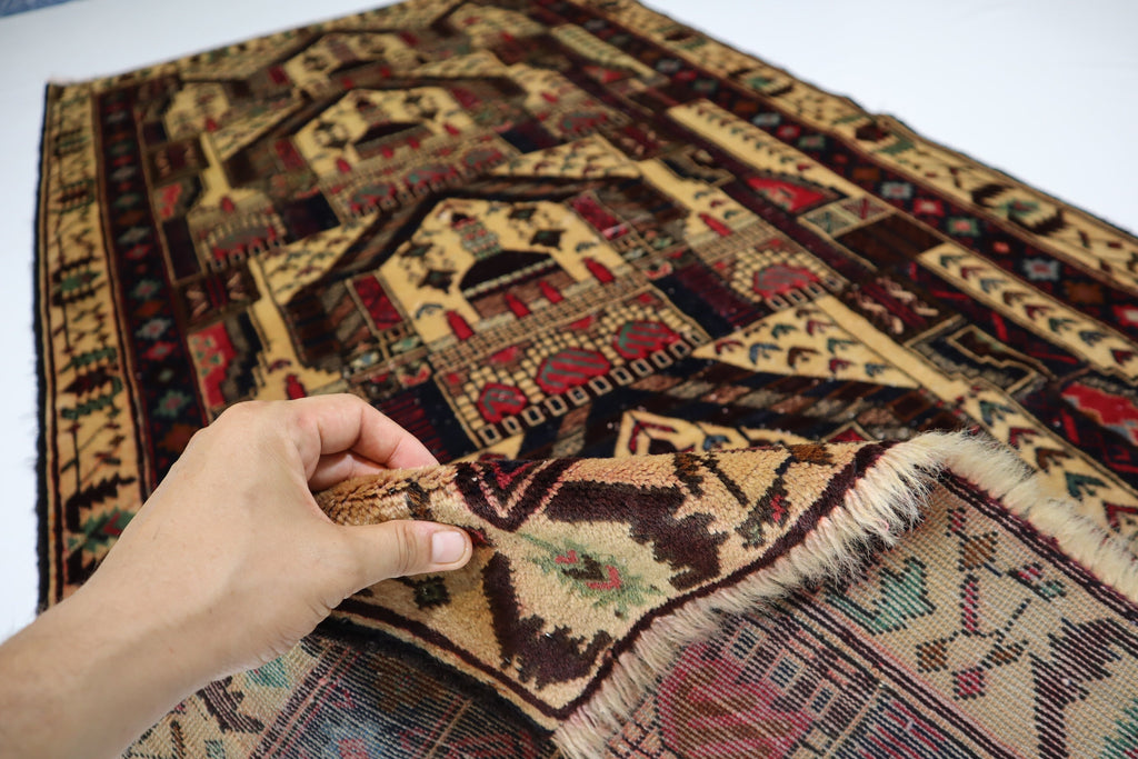 Vintage Afghan Handmade Wool Area Rug, Beige Prayer Design, Oriental Turkmen Style
