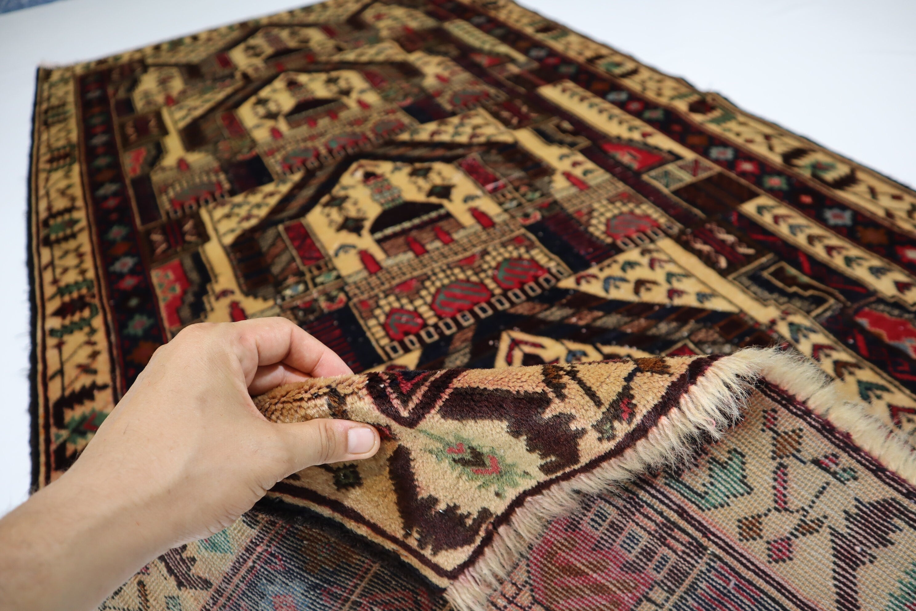 Vintage Afghan Handmade Wool Area Rug, Beige Prayer Design, Oriental Turkmen Style