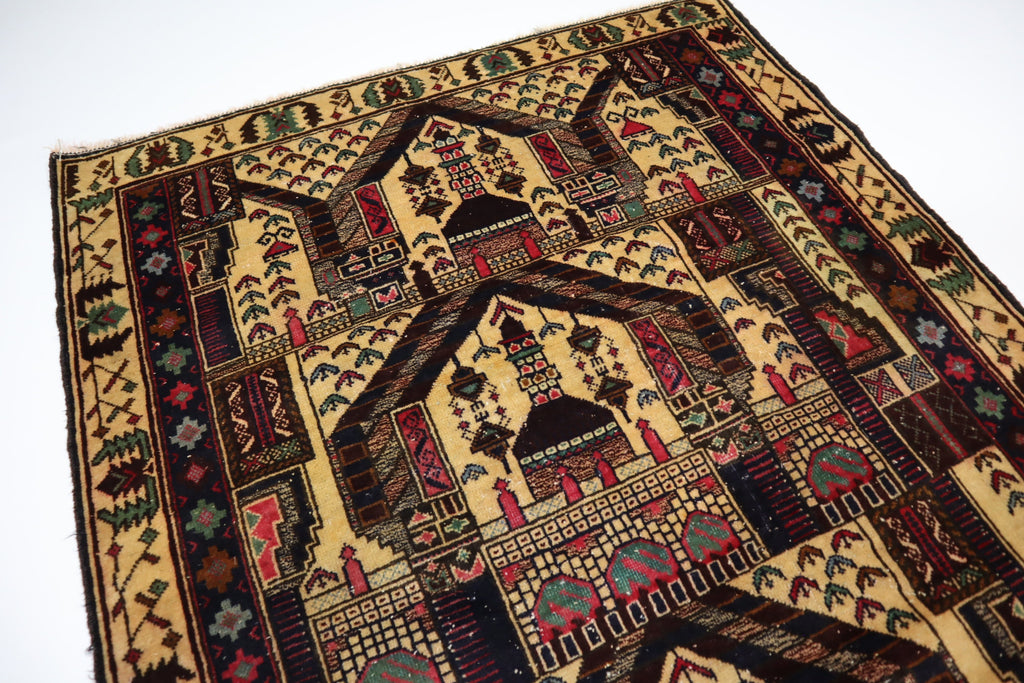 Vintage Afghan Handmade Wool Area Rug, Beige Prayer Design, Oriental Turkmen Style