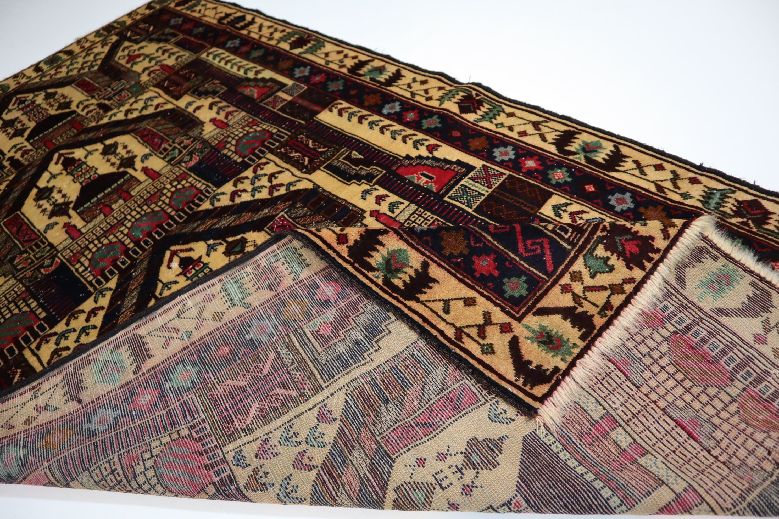 Vintage Afghan Handmade Wool Area Rug, Beige Prayer Design, Oriental Turkmen Style