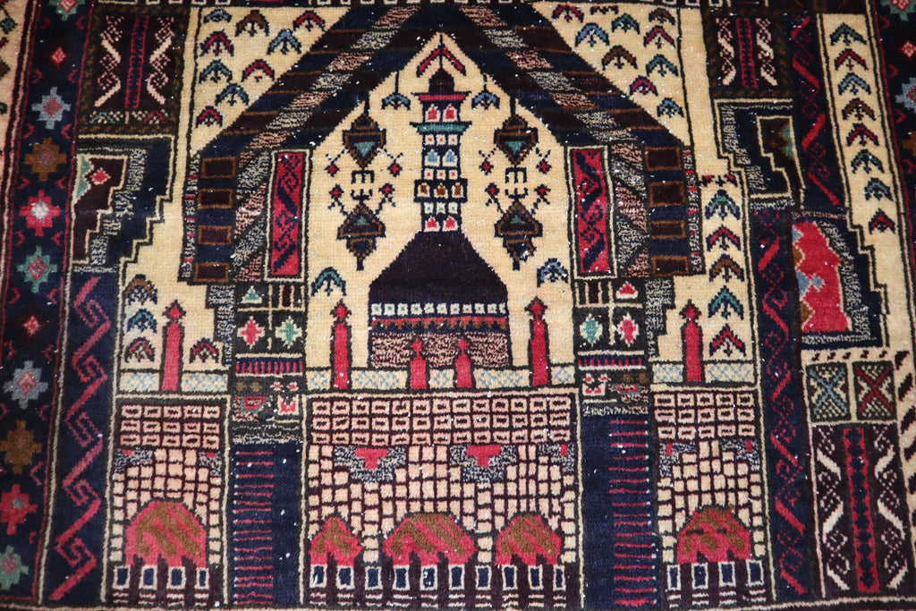 Vintage Afghan Handmade Wool Area Rug, Beige Prayer Design, Oriental Turkmen Style