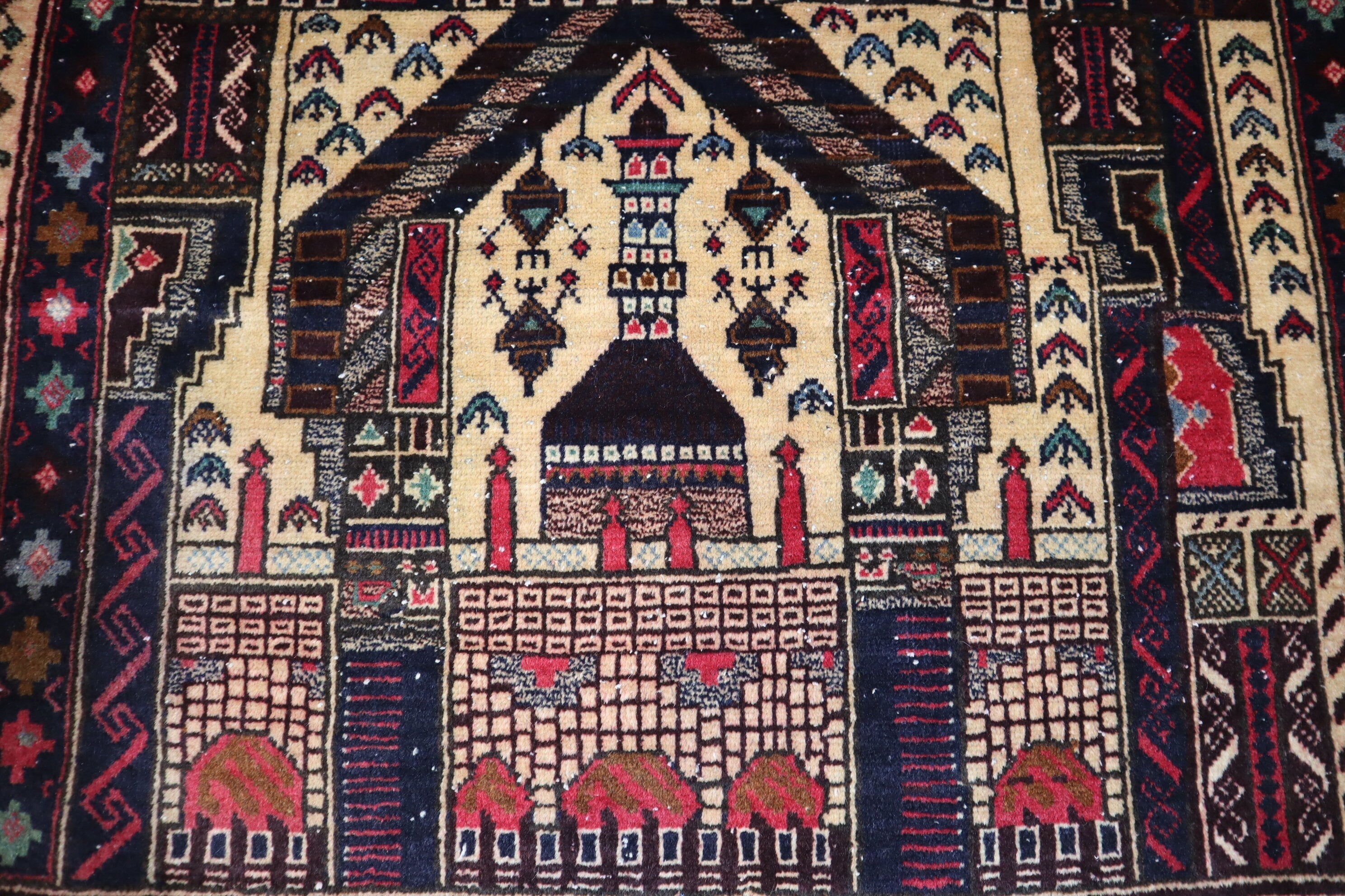 Vintage Afghan Handmade Wool Area Rug, Beige Prayer Design, Oriental Turkmen Style