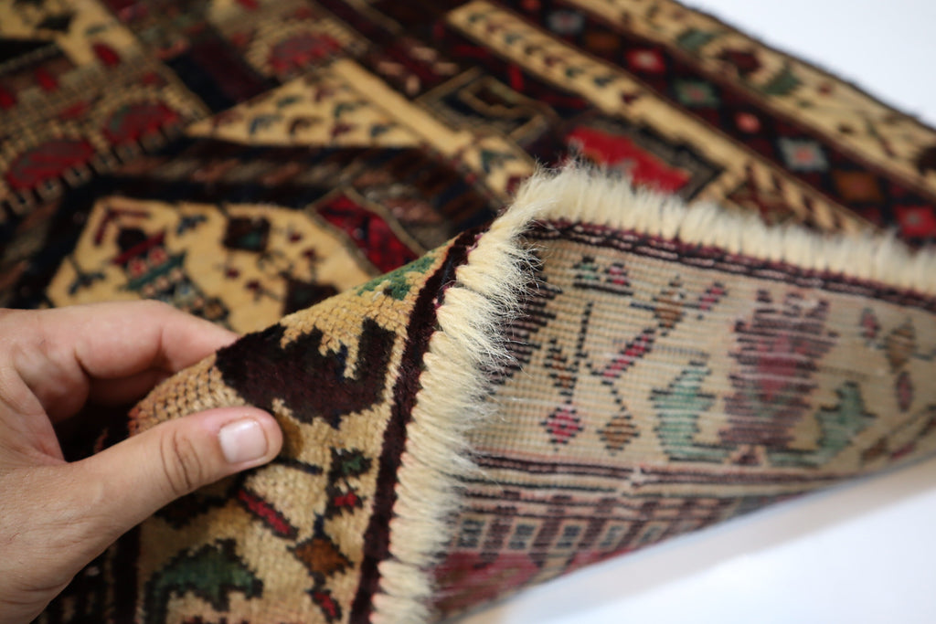 Vintage Afghan Handmade Wool Area Rug, Beige Prayer Design, Oriental Turkmen Style