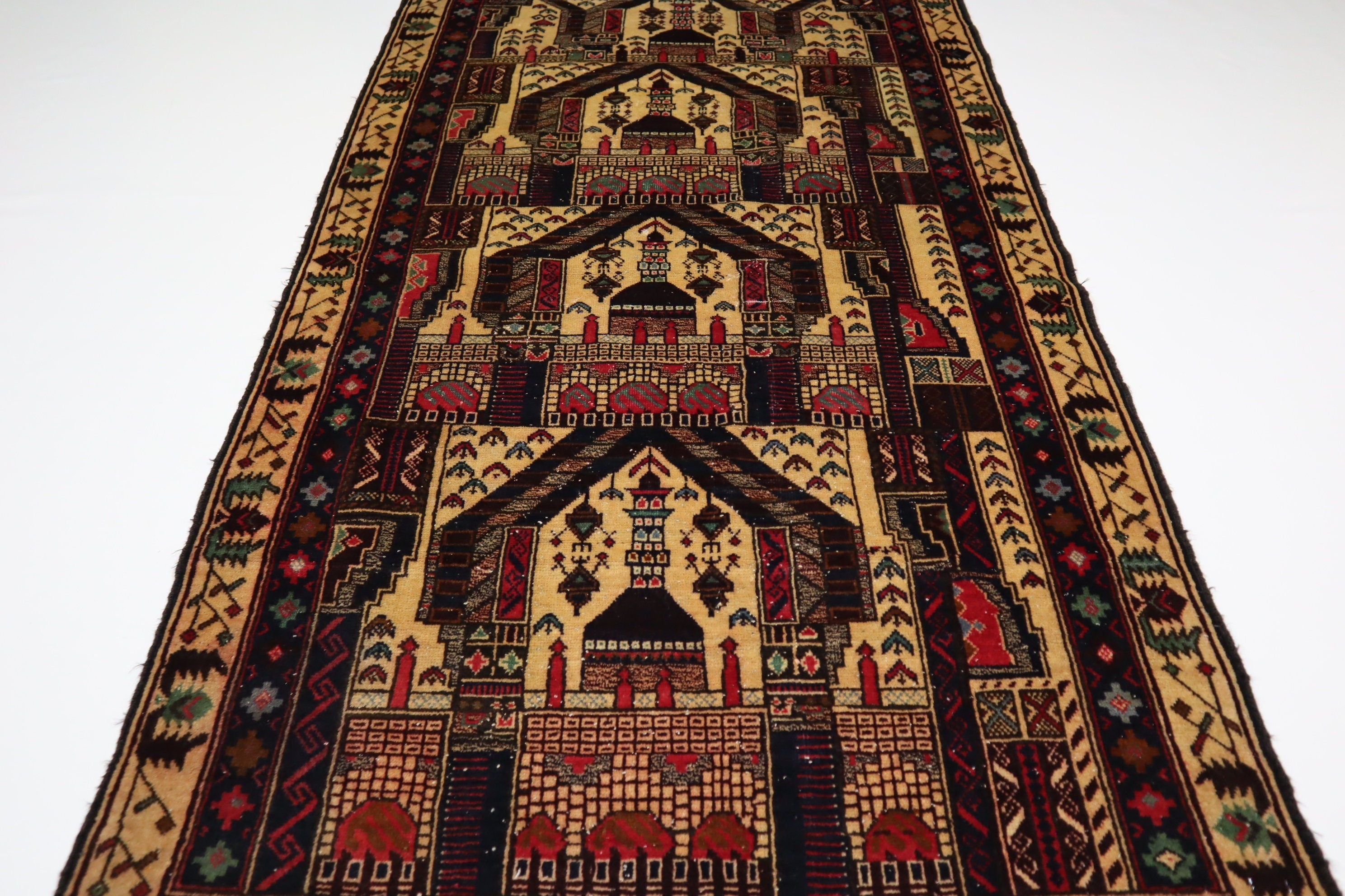 Vintage Afghan Handmade Wool Area Rug, Beige Prayer Design, Oriental Turkmen Style