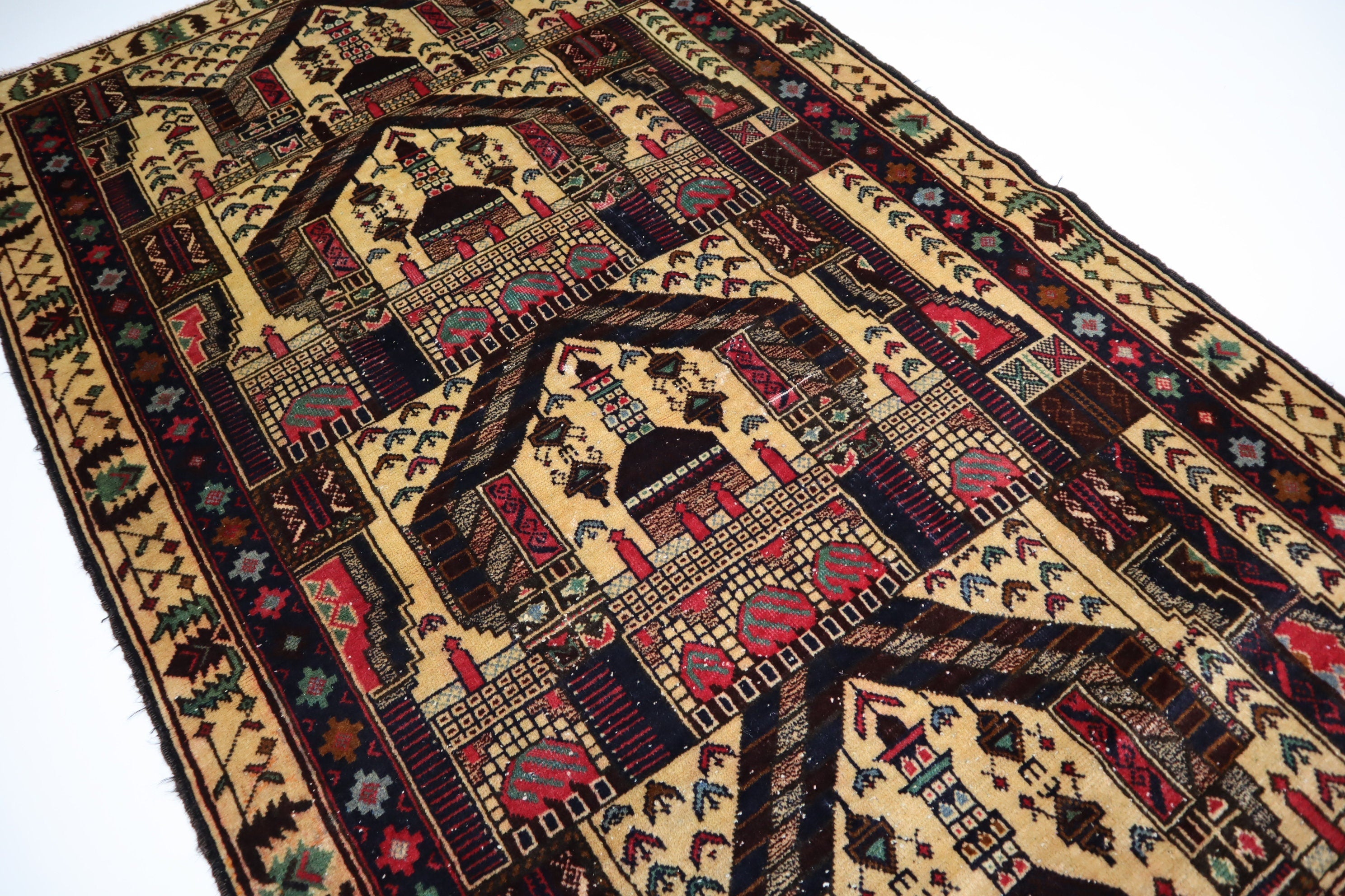 Vintage Afghan Handmade Wool Area Rug, Beige Prayer Design, Oriental Turkmen Style