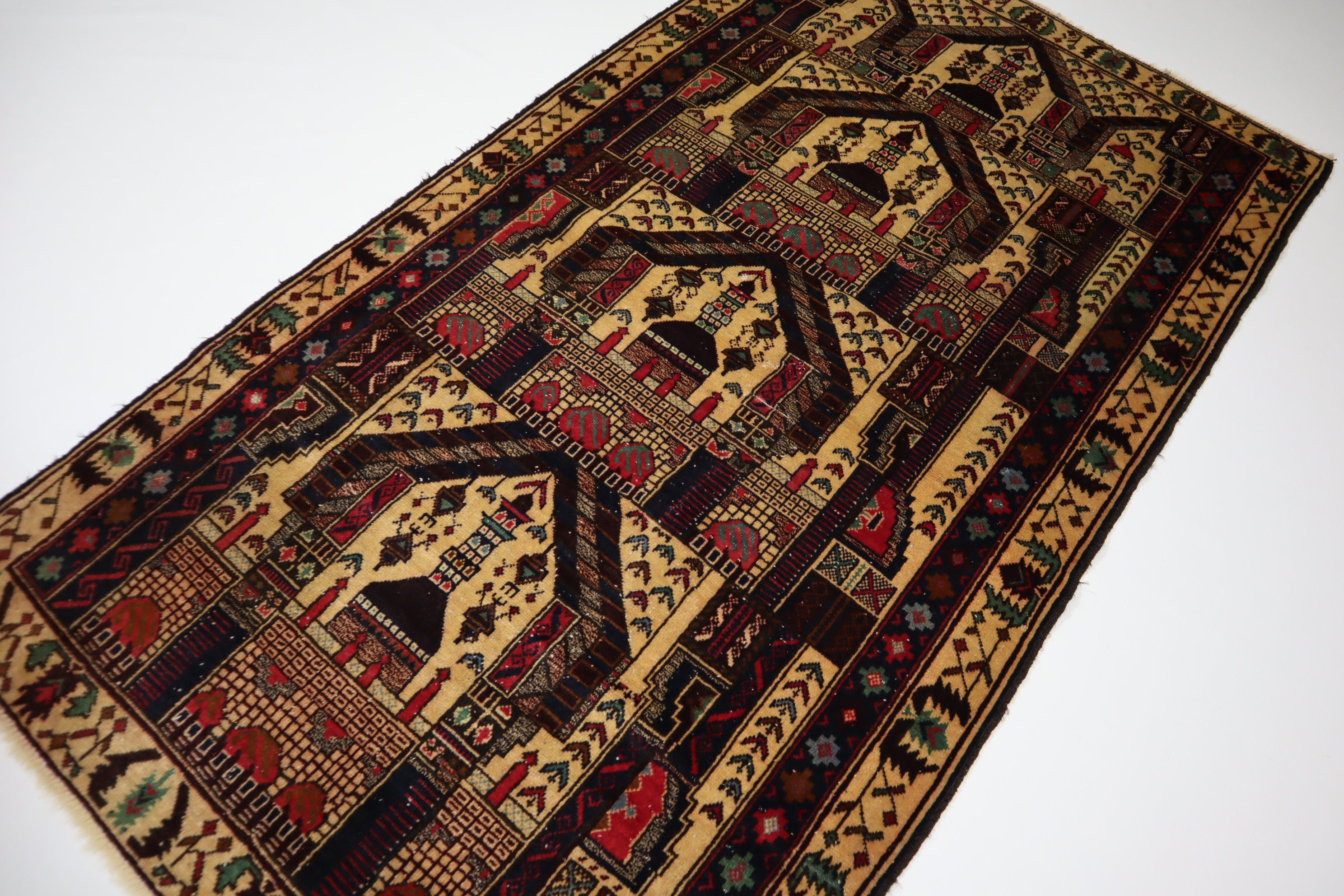 Vintage Afghan Handmade Wool Area Rug, Beige Prayer Design, Oriental Turkmen Style