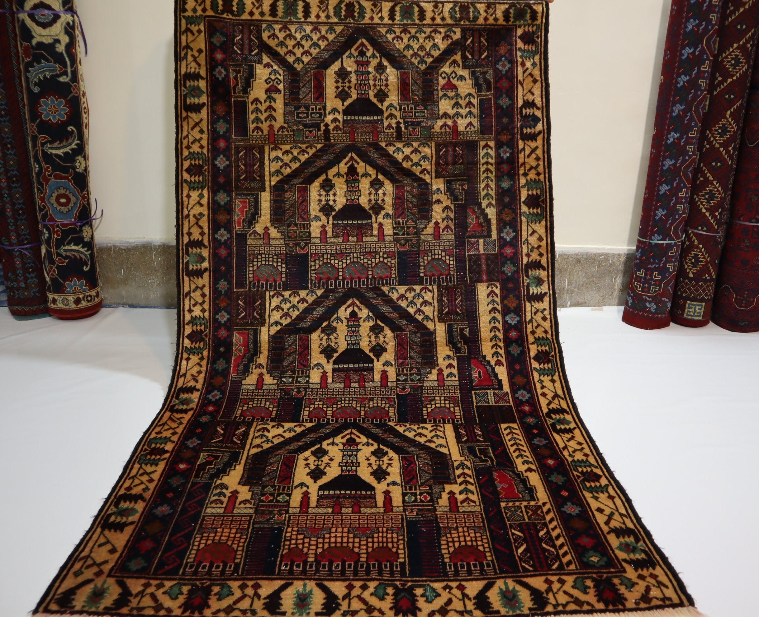 Vintage Afghan Handmade Wool Area Rug, Beige Prayer Design, Oriental Turkmen Style