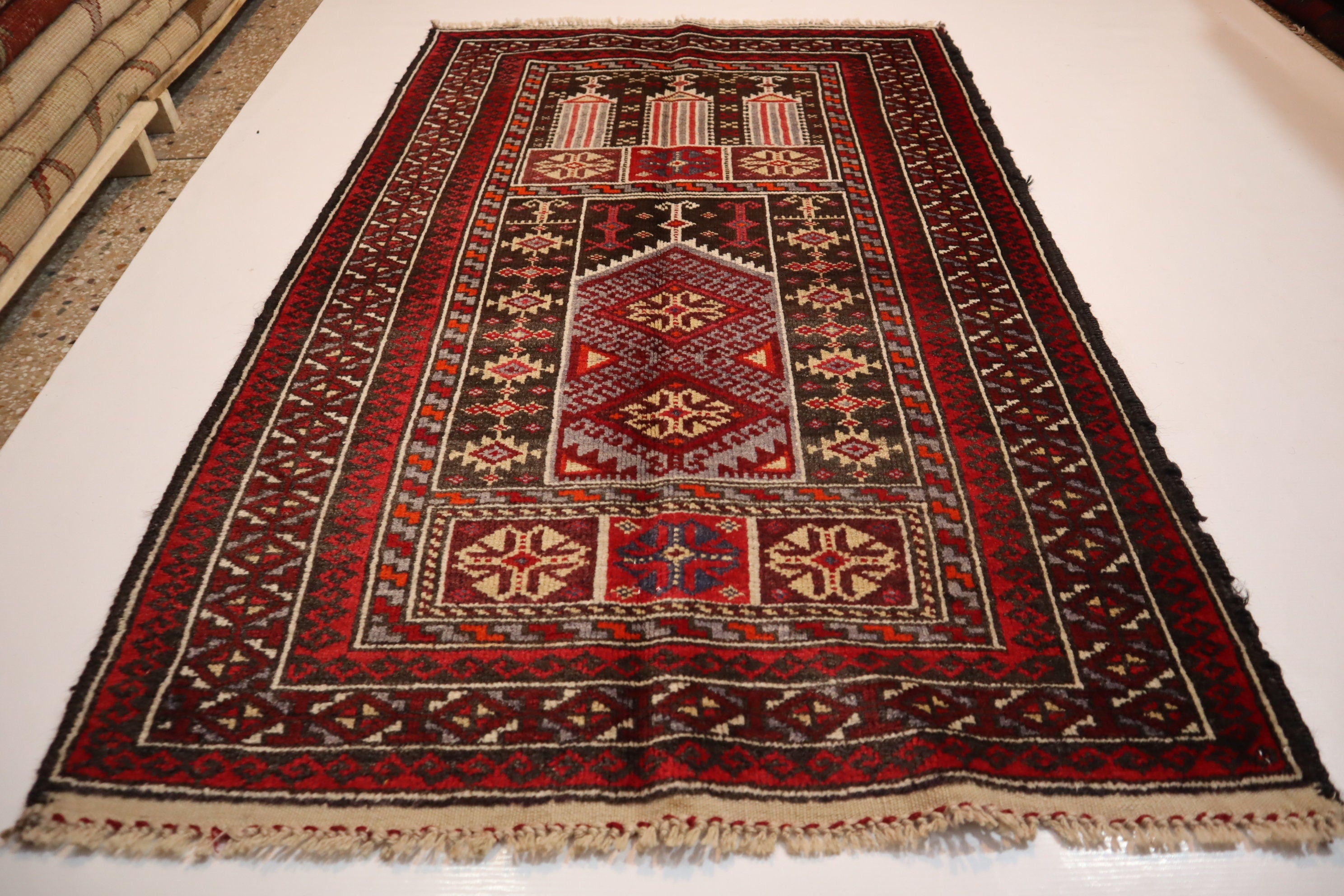 Vintage Afghan Prayer Rug 2'9x4'3 - Handmade Wool Turkmen Bukhara Carpet 1960s