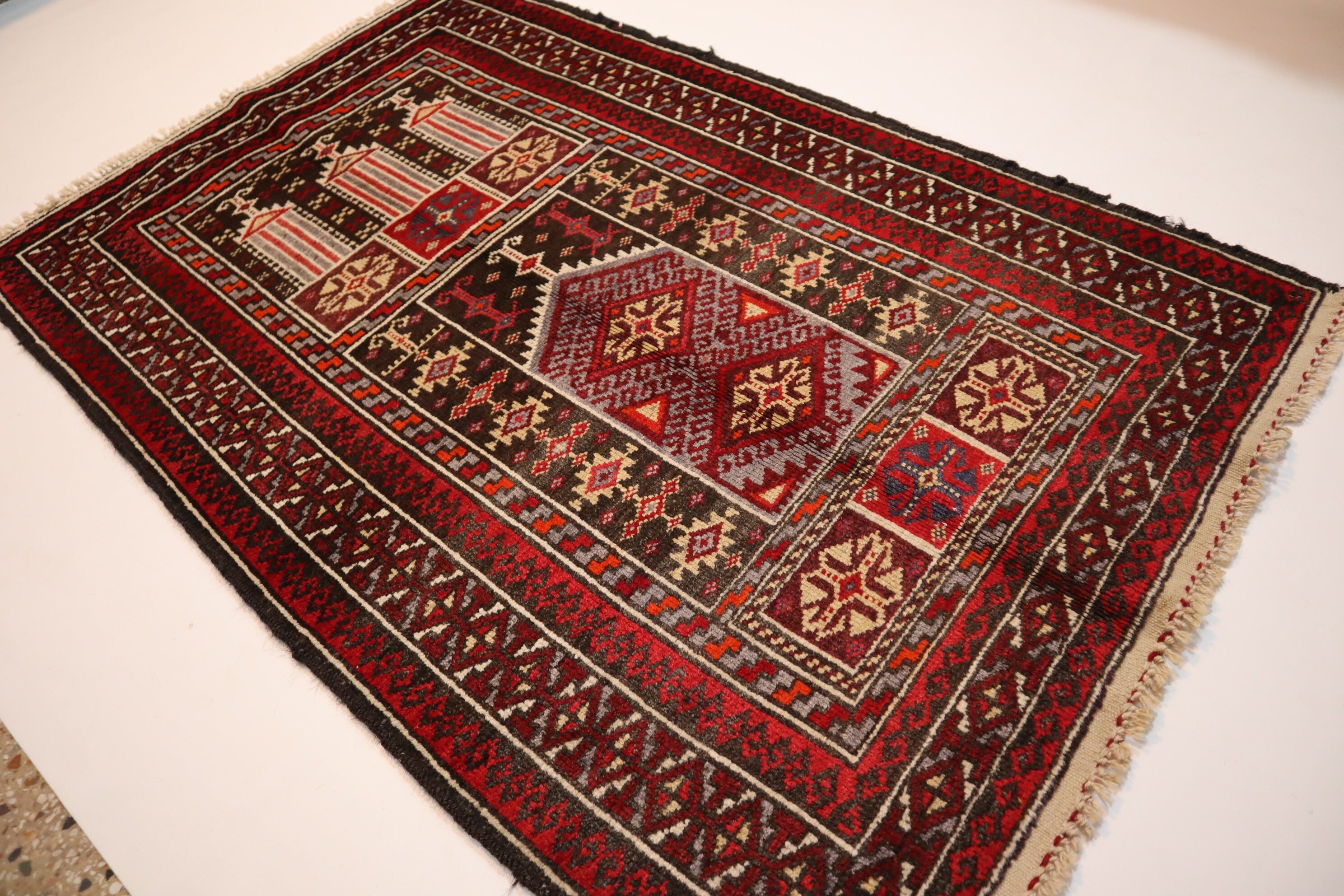 Vintage Afghan Prayer Rug 2'9x4'3 - Handmade Wool Turkmen Bukhara Carpet 1960s