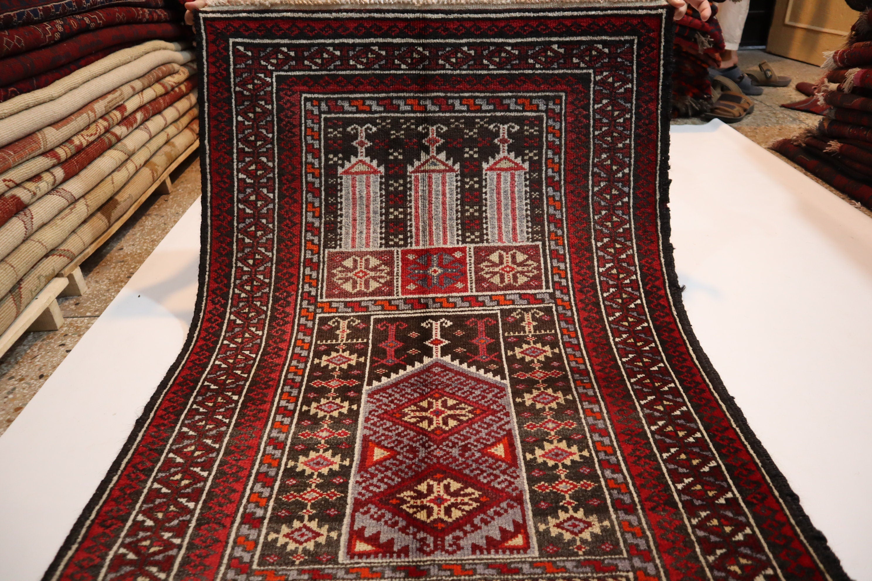 Vintage Afghan Prayer Rug 2'9x4'3 - Handmade Wool Turkmen Bukhara Carpet 1960s