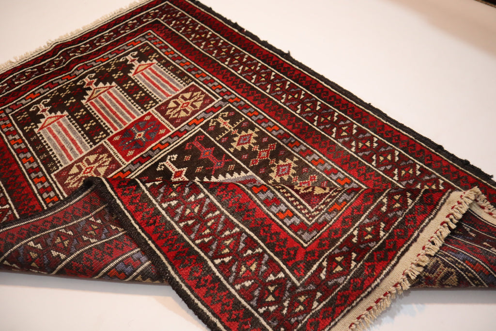 Vintage Afghan Prayer Rug 2'9x4'3 - Handmade Wool Turkmen Bukhara Carpet 1960s