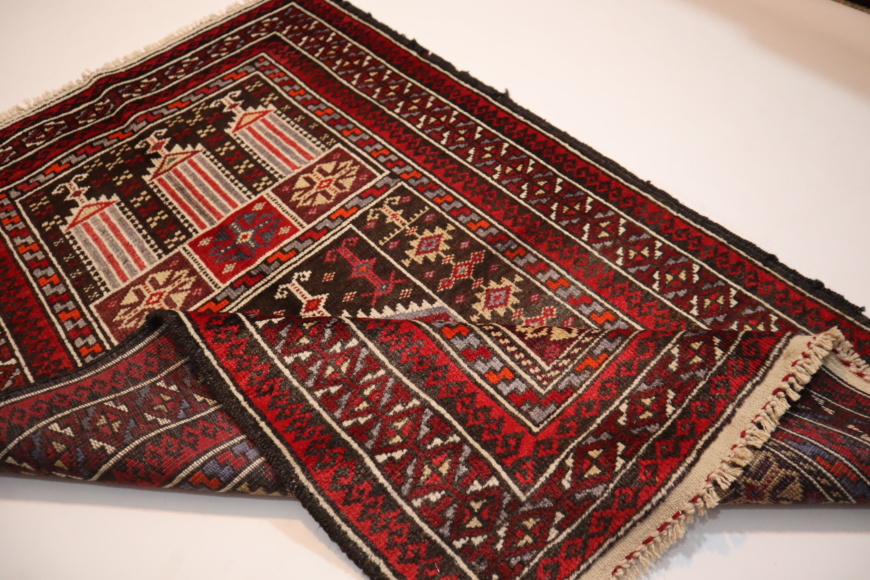 Vintage Afghan Prayer Rug 2'9x4'3 - Handmade Wool Turkmen Bukhara Carpet 1960s