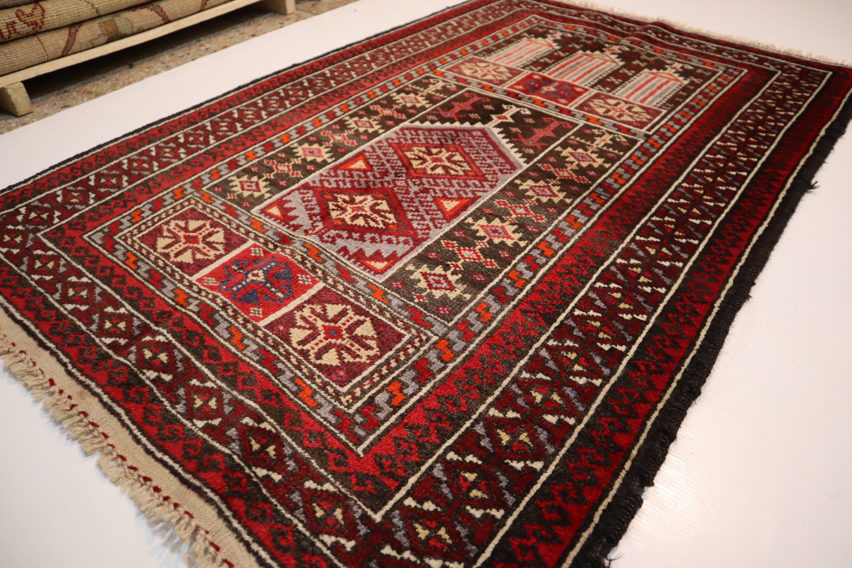 Vintage Afghan Prayer Rug 2'9x4'3 - Handmade Wool Turkmen Bukhara Carpet 1960s