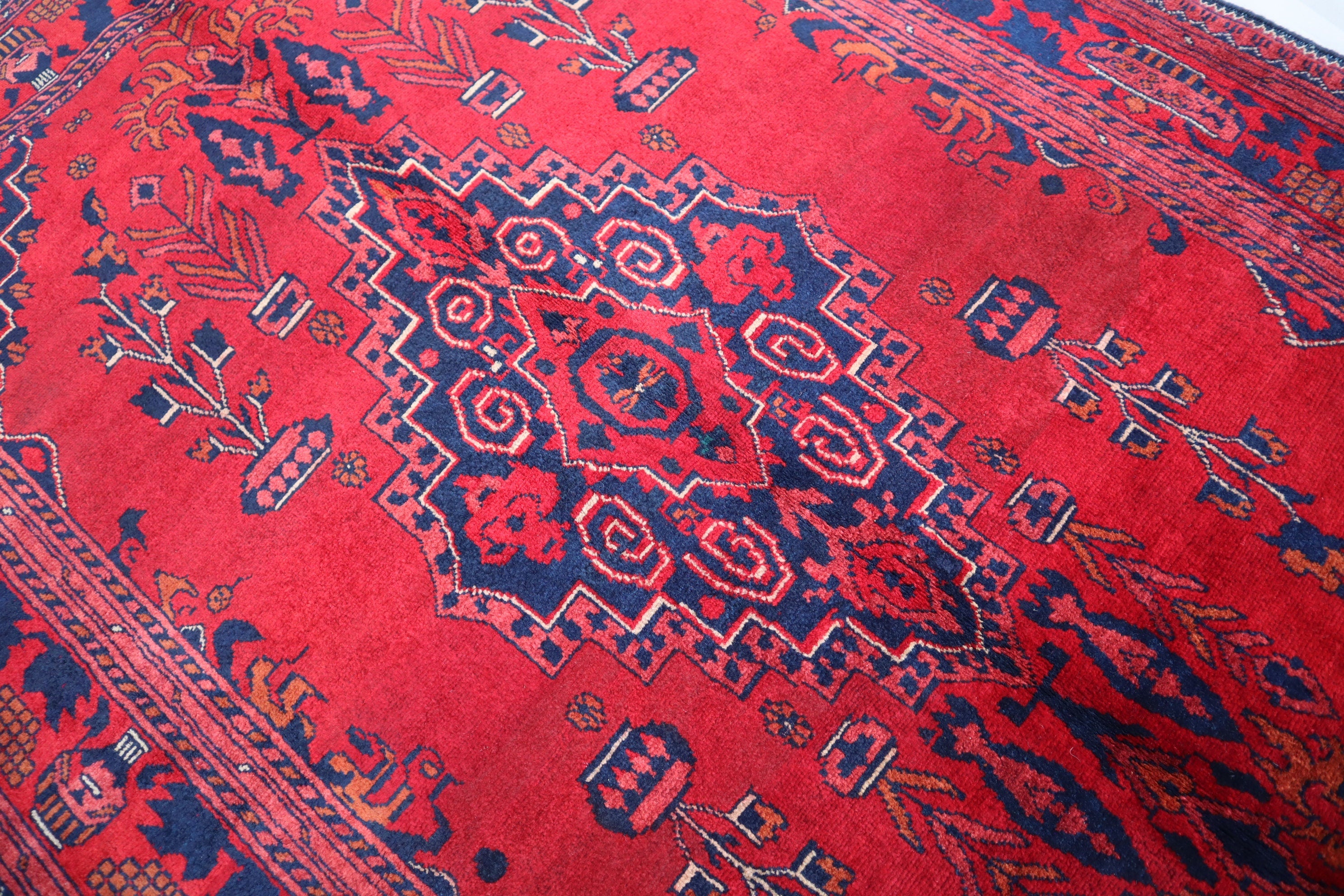 Exquisite 3'4x4'9 Red Belgic Afghan Hand-Knotted Wool Area Rug for Home Decor