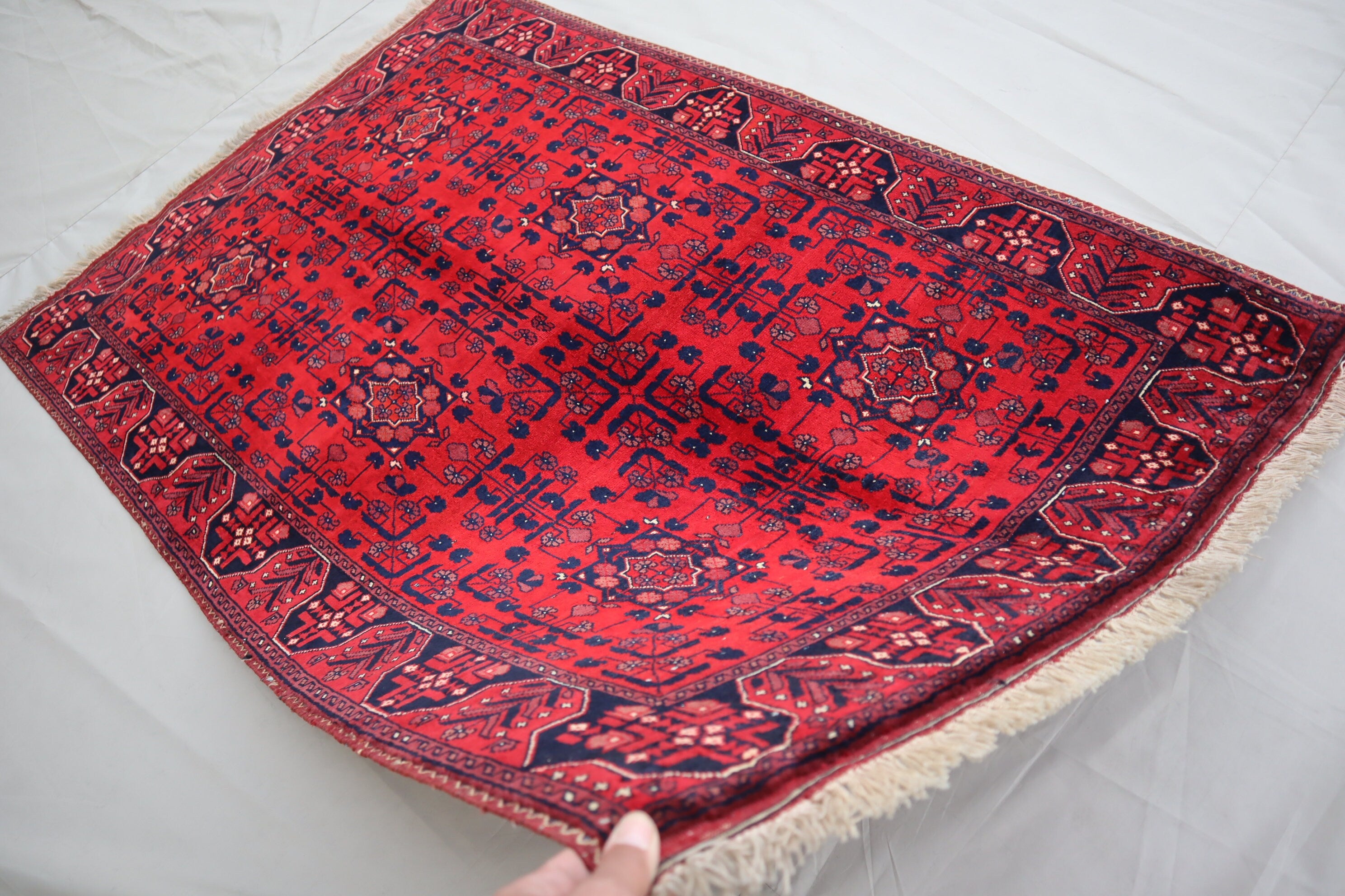 3'4x5 Red Belgic Afghan Hand-Knotted Wool Area Rug for Bedroom/Entryway