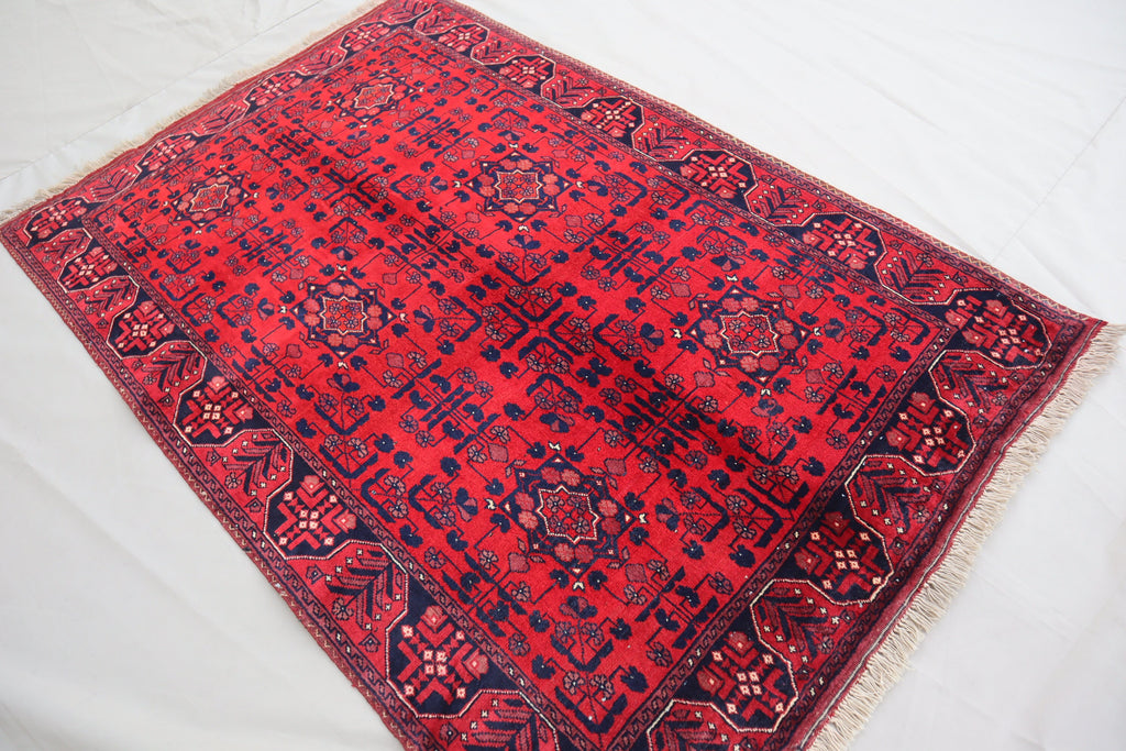 3'4x5 Red Belgic Afghan Hand-Knotted Wool Area Rug for Bedroom/Entryway