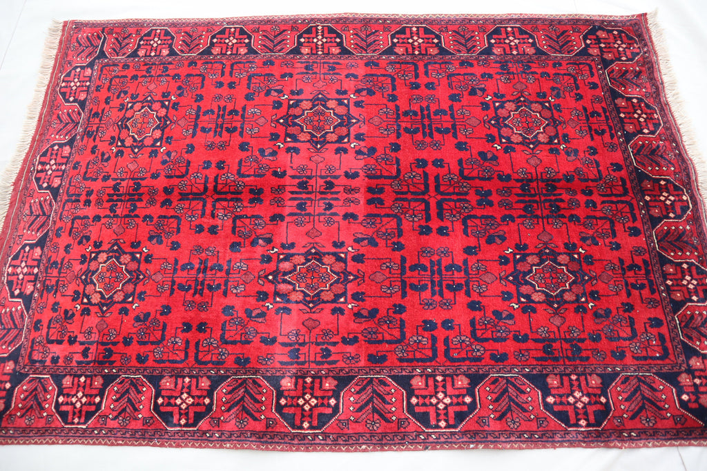 3'4x5 Red Belgic Afghan Hand-Knotted Wool Area Rug for Bedroom/Entryway