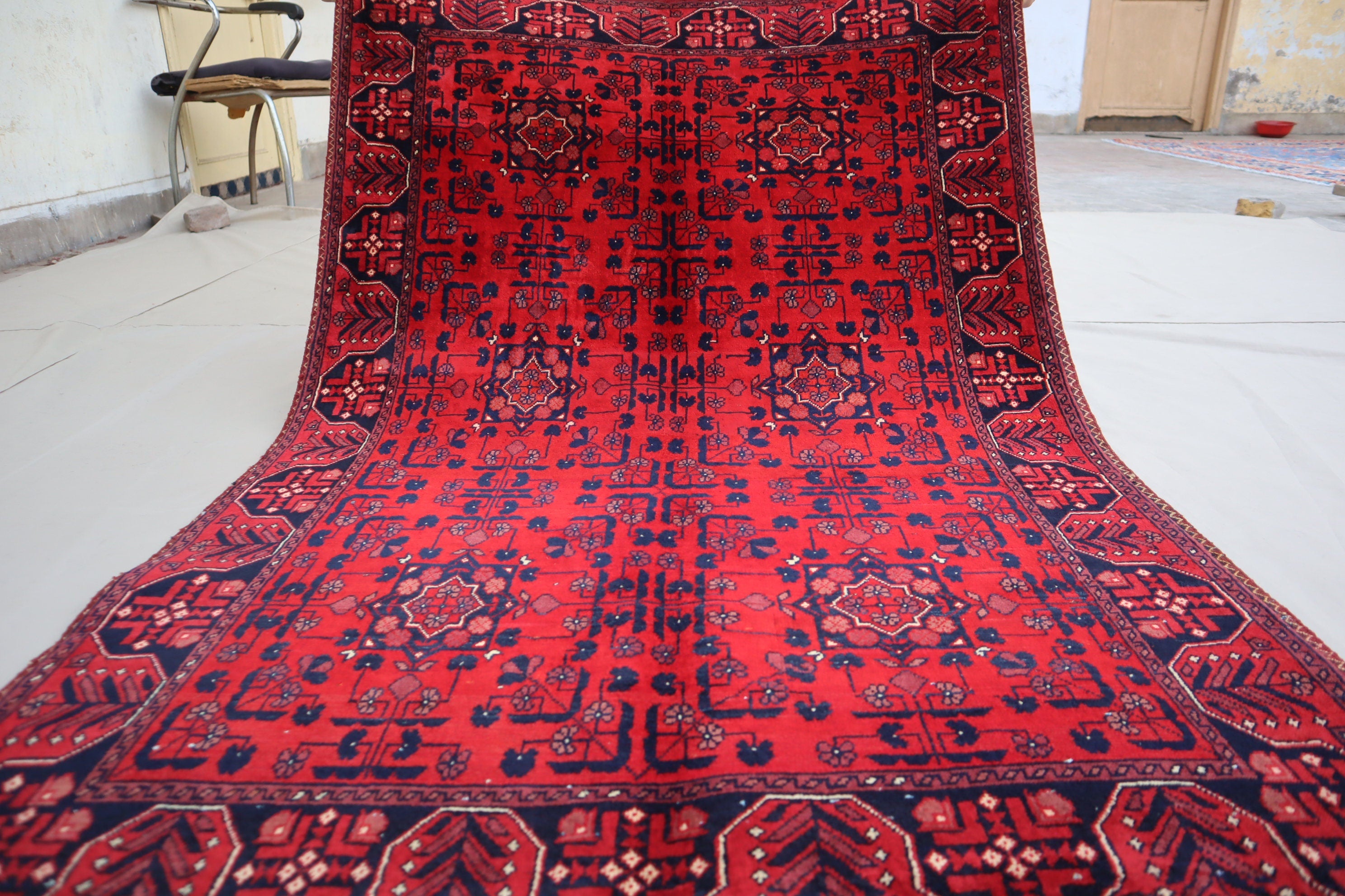 3'4x5 Red Belgic Afghan Hand-Knotted Wool Area Rug for Bedroom/Entryway