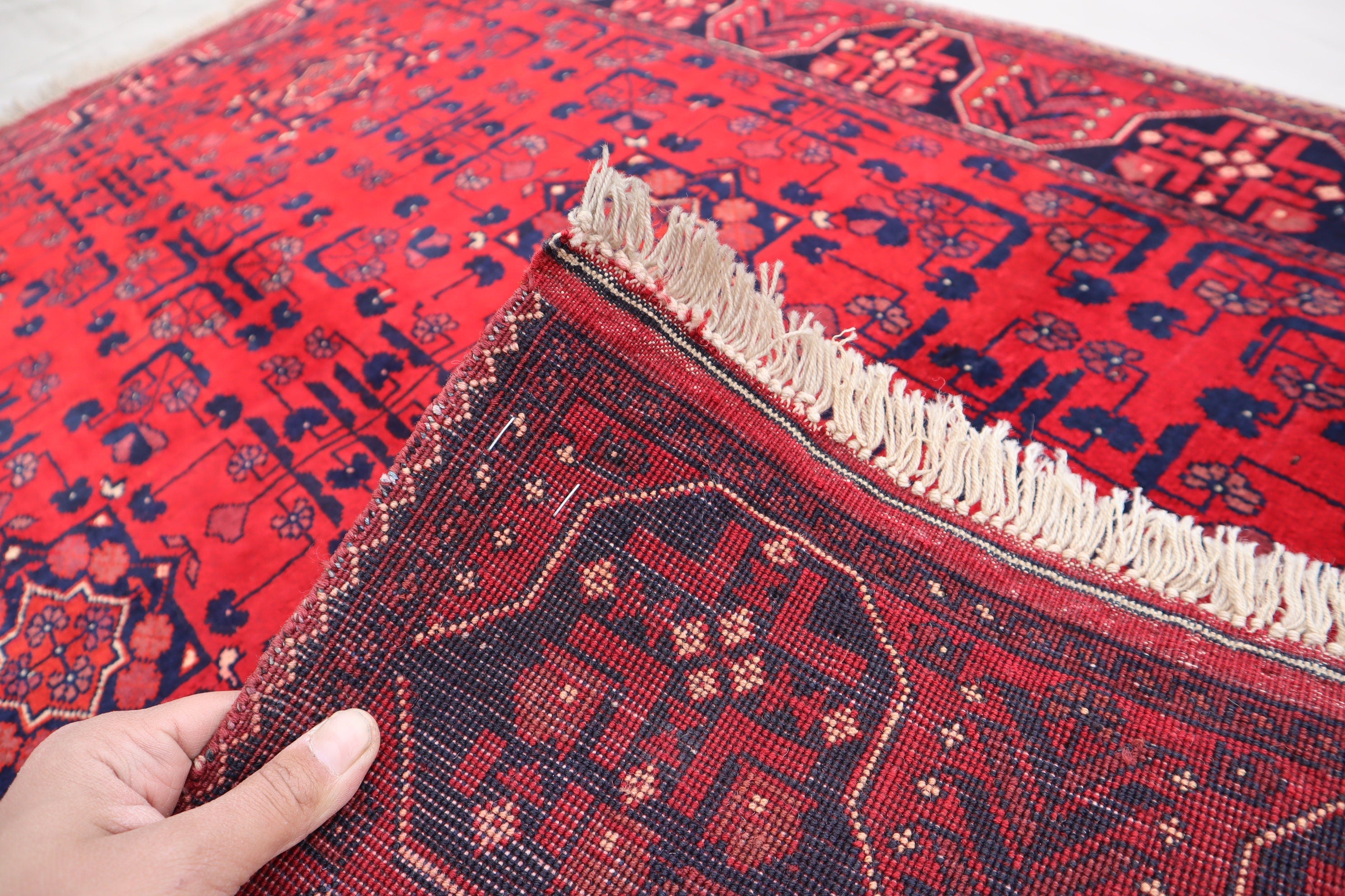 3'4x5 Red Belgic Afghan Hand-Knotted Wool Area Rug for Bedroom/Entryway