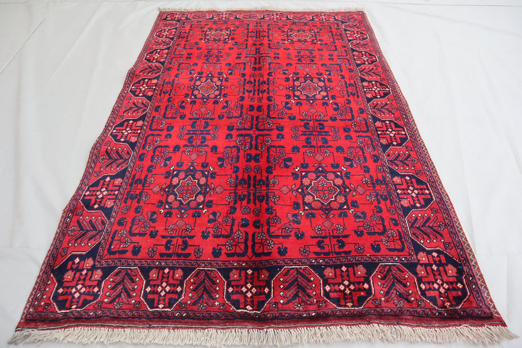3'4x5 Red Belgic Afghan Hand-Knotted Wool Area Rug for Bedroom/Entryway