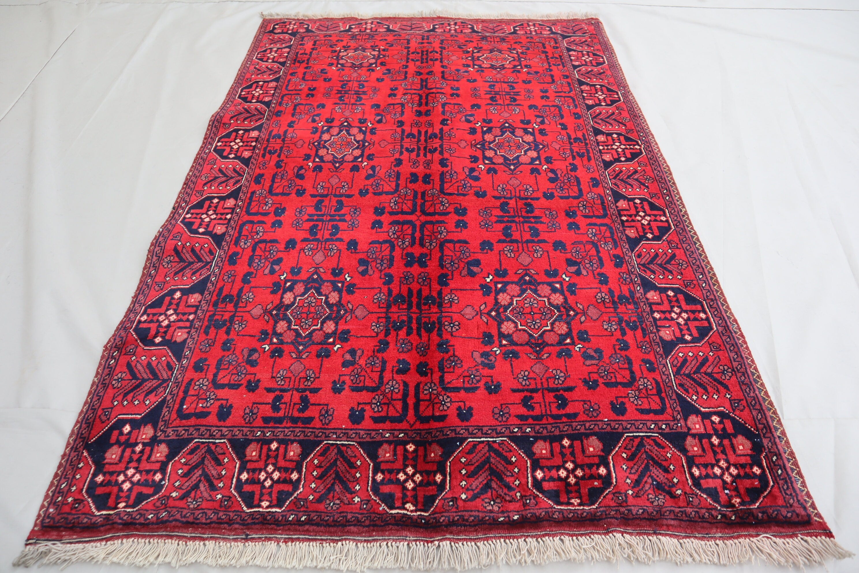 3'4x5 Red Belgic Afghan Hand-Knotted Wool Area Rug for Bedroom/Entryway