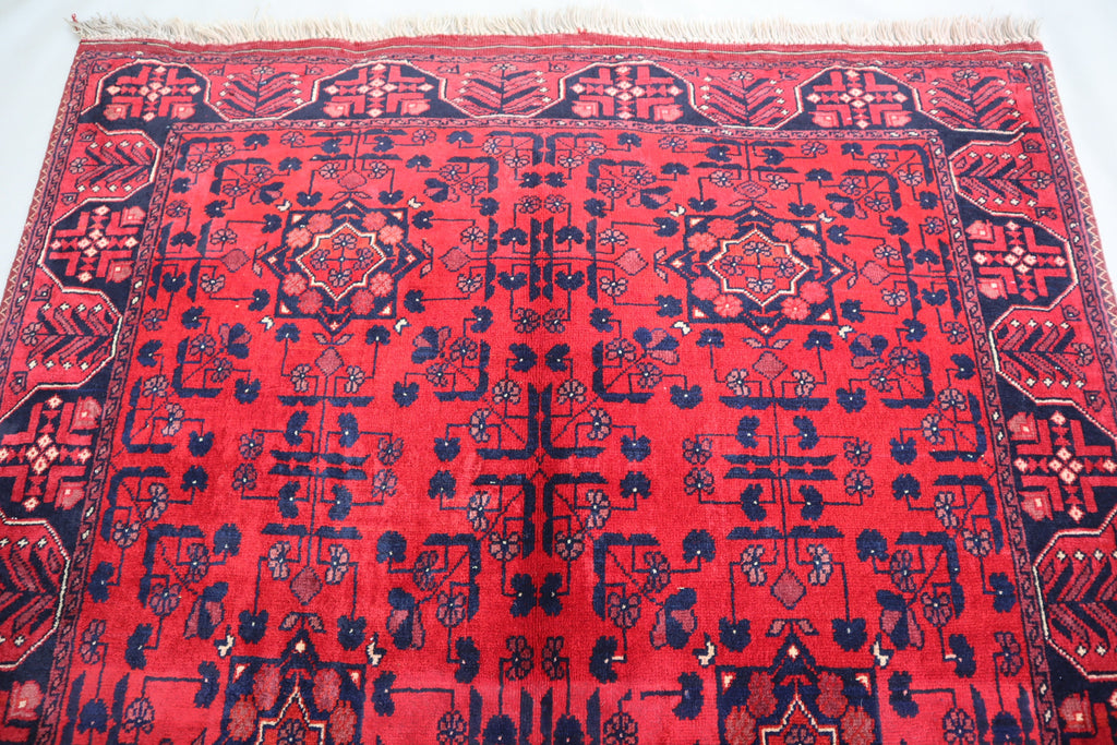 3'4x5 Red Belgic Afghan Hand-Knotted Wool Area Rug for Bedroom/Entryway