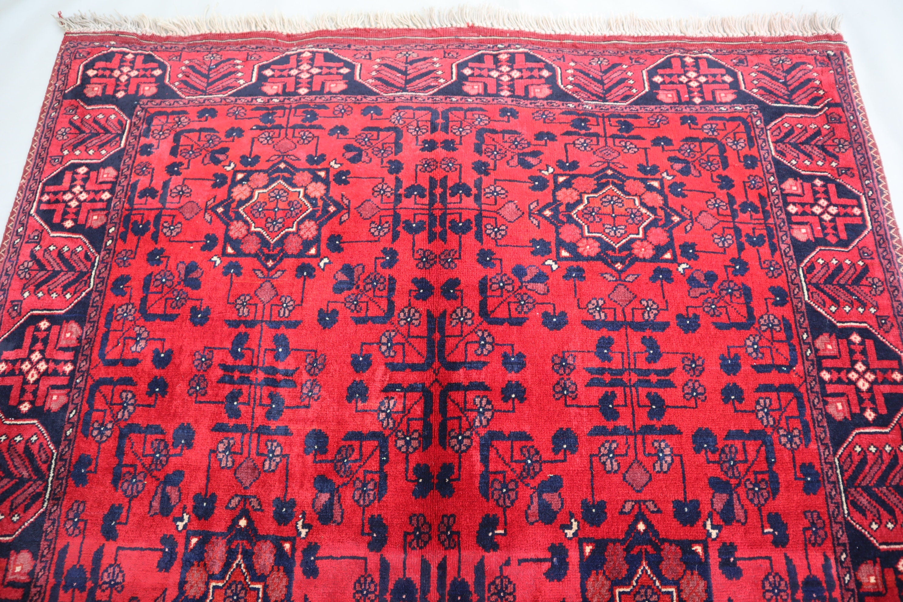 3'4x5 Red Belgic Afghan Hand-Knotted Wool Area Rug for Bedroom/Entryway