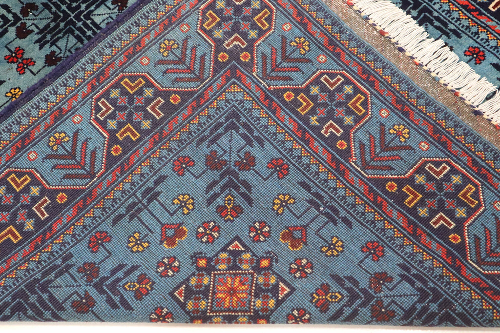 Luxurious 4x6 Blue Turkmen Tribal Bukhara Rug - Handmade Soft Wool Afghan Oriental