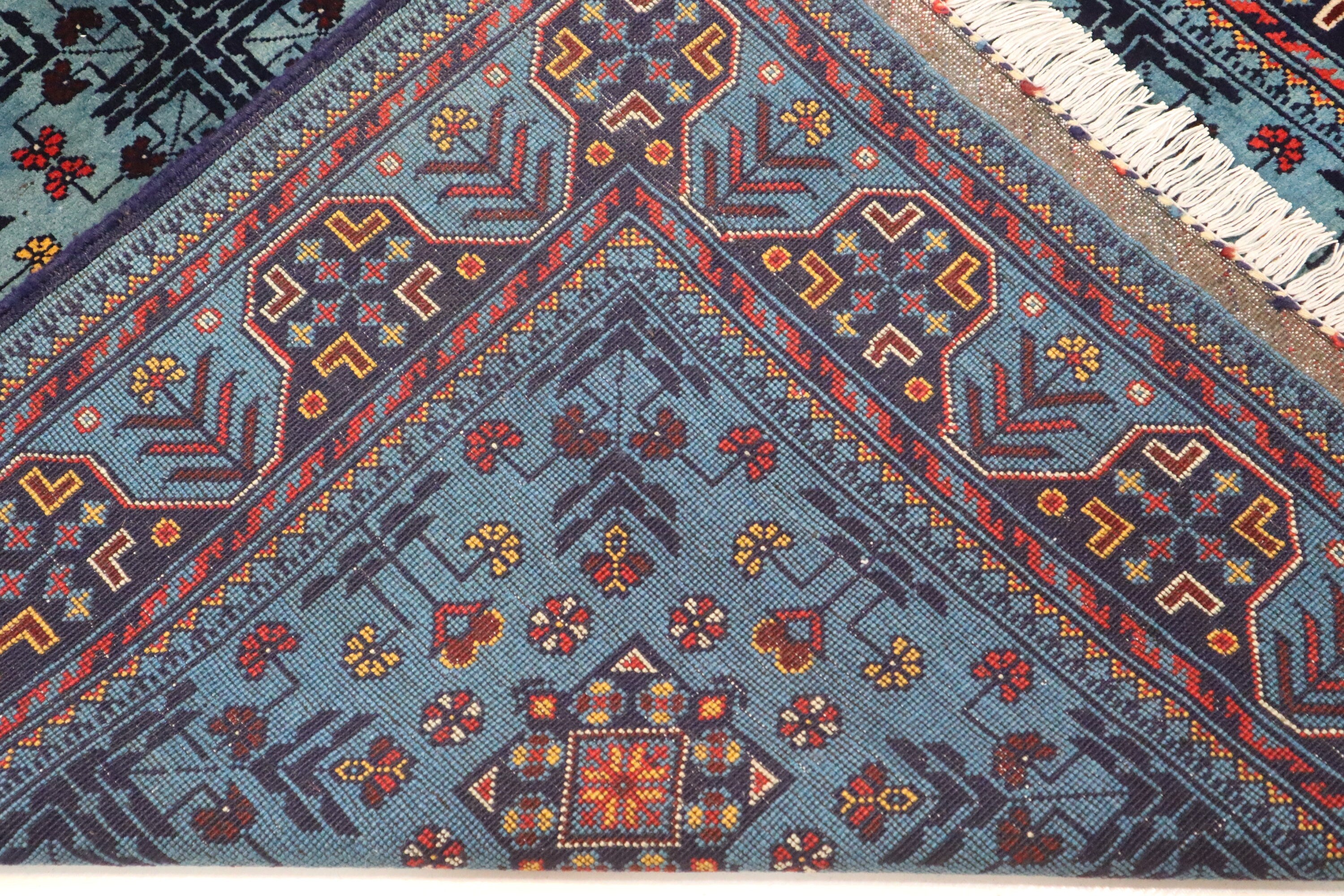 Luxurious 4x6 Blue Turkmen Tribal Bukhara Rug - Handmade Soft Wool Afghan Oriental