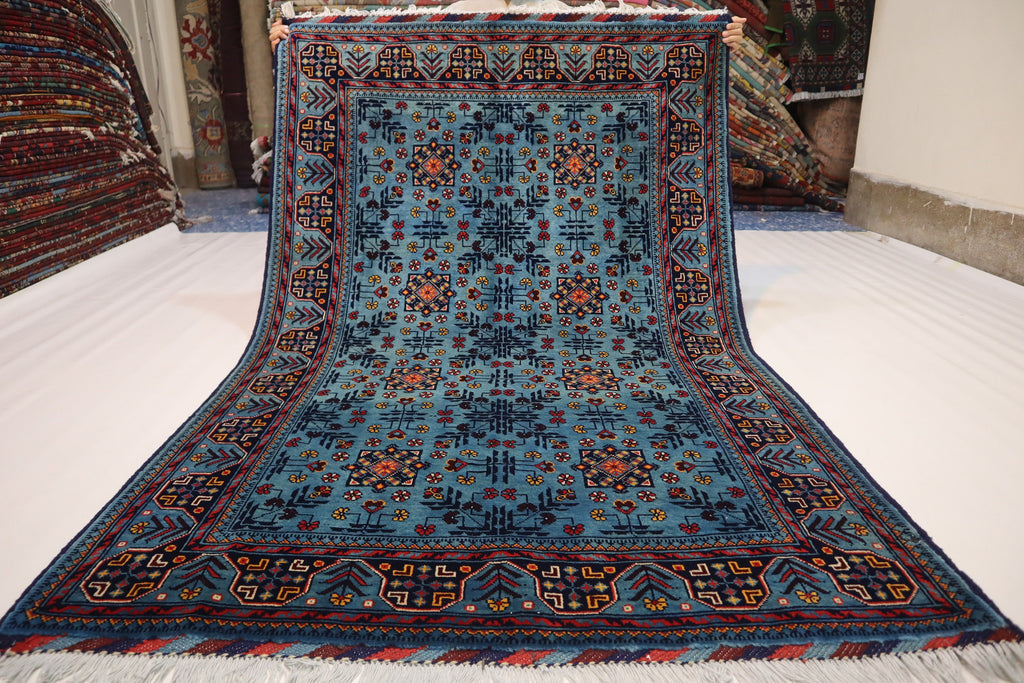 Luxurious 4x6 Blue Turkmen Tribal Bukhara Rug - Handmade Soft Wool Afghan Oriental