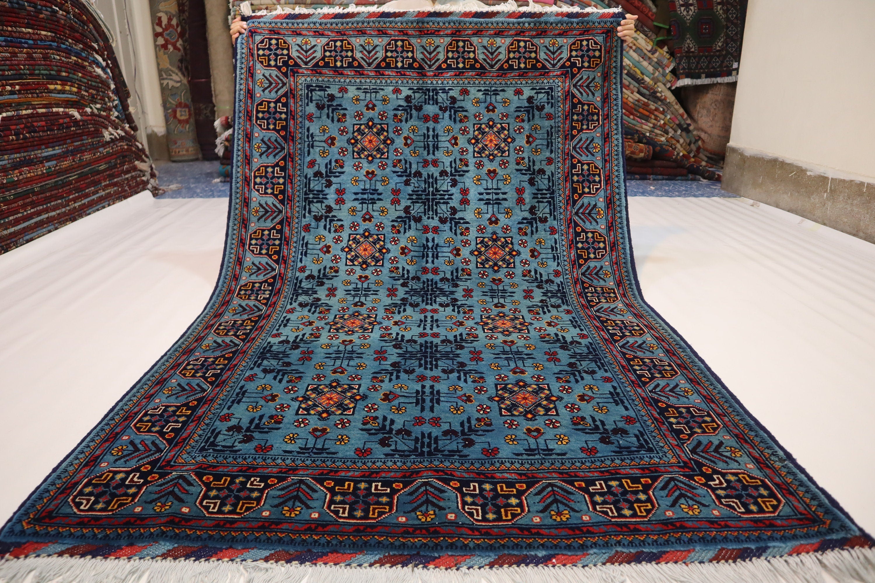 Luxurious 4x6 Blue Turkmen Tribal Bukhara Rug - Handmade Soft Wool Afghan Oriental