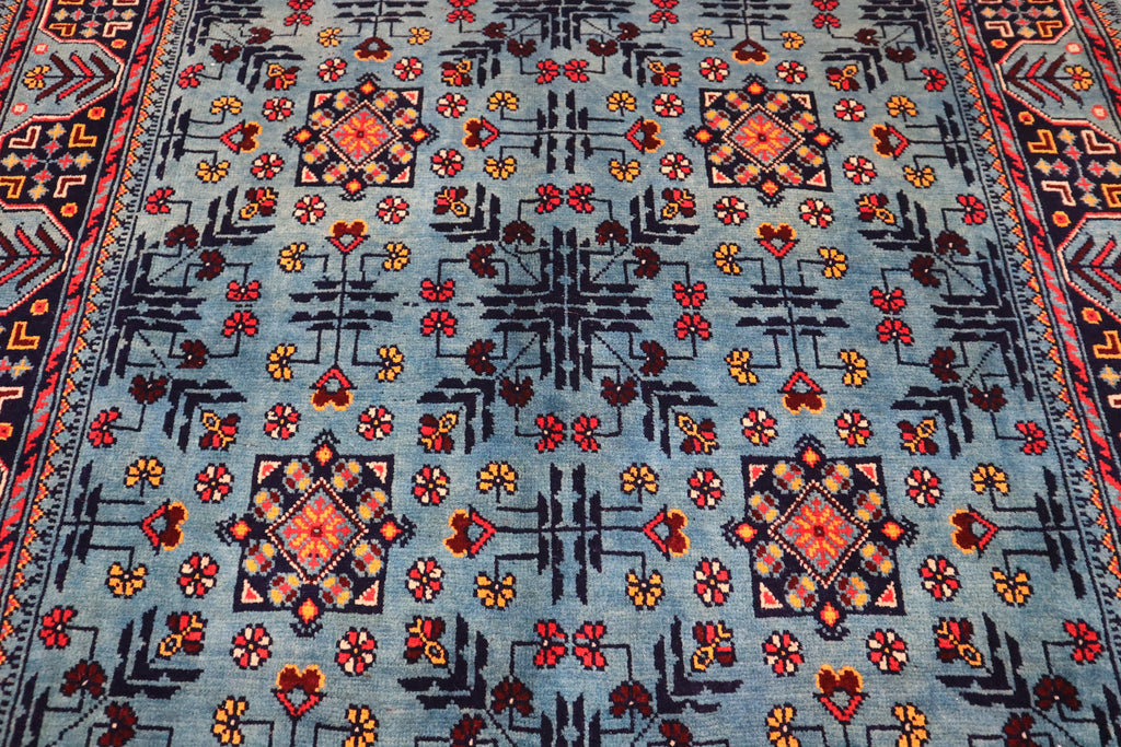 Luxurious 4x6 Blue Turkmen Tribal Bukhara Rug - Handmade Soft Wool Afghan Oriental