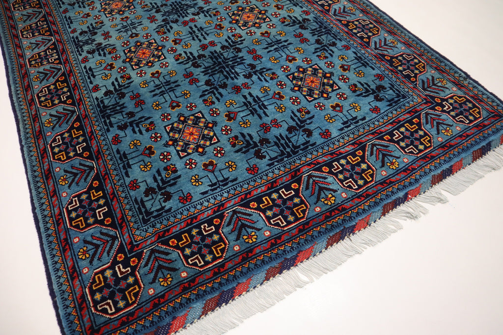 Luxurious 4x6 Blue Turkmen Tribal Bukhara Rug - Handmade Soft Wool Afghan Oriental