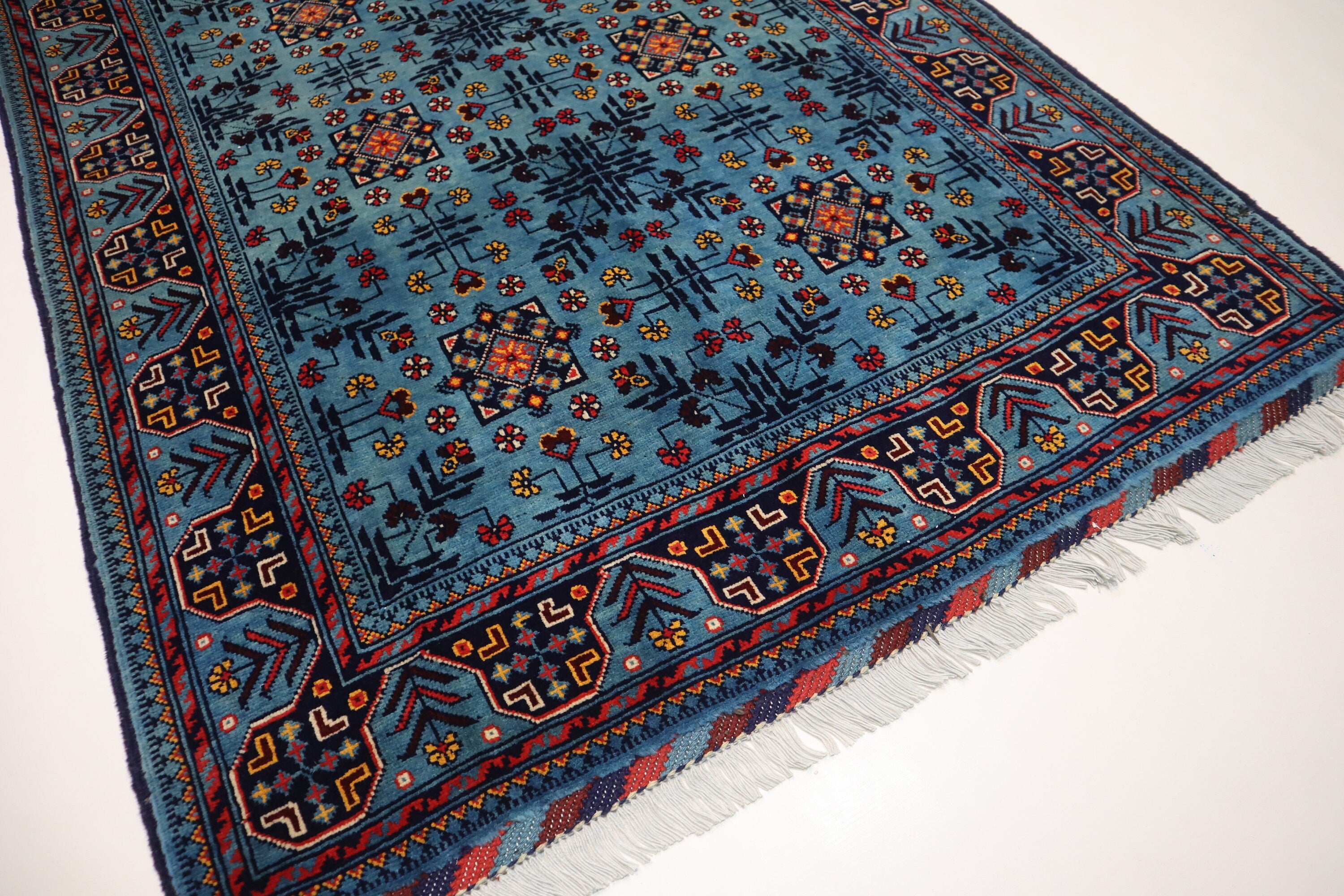 Luxurious 4x6 Blue Turkmen Tribal Bukhara Rug - Handmade Soft Wool Afghan Oriental