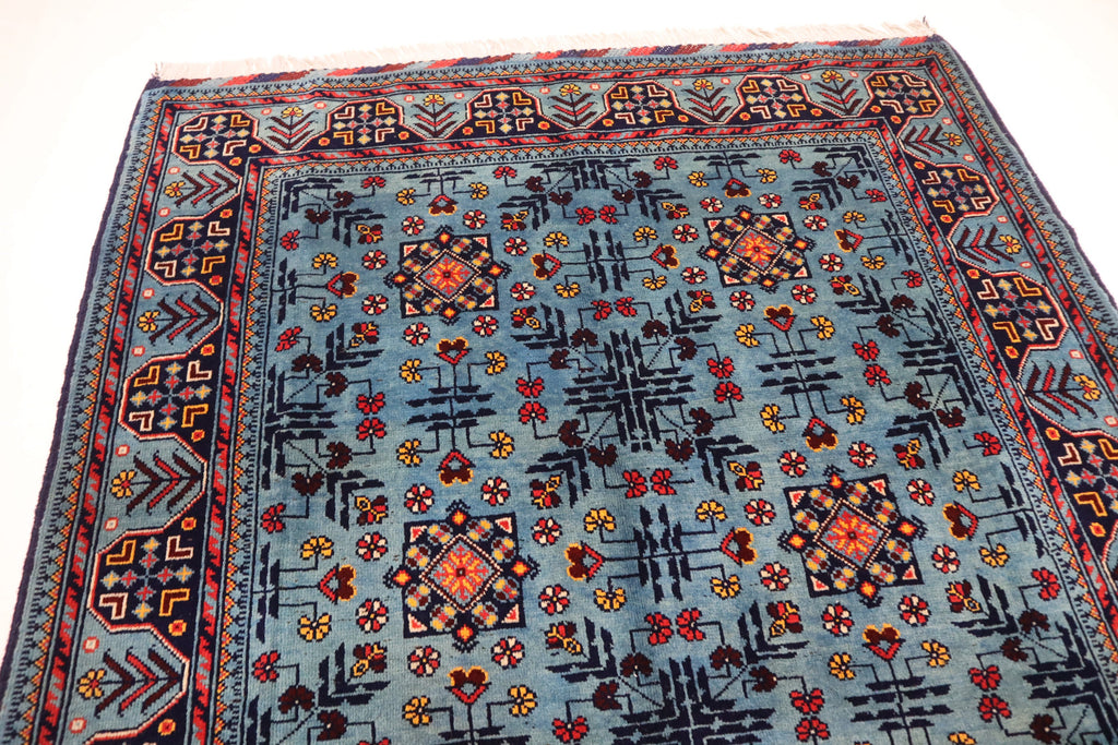 Luxurious 4x6 Blue Turkmen Tribal Bukhara Rug - Handmade Soft Wool Afghan Oriental