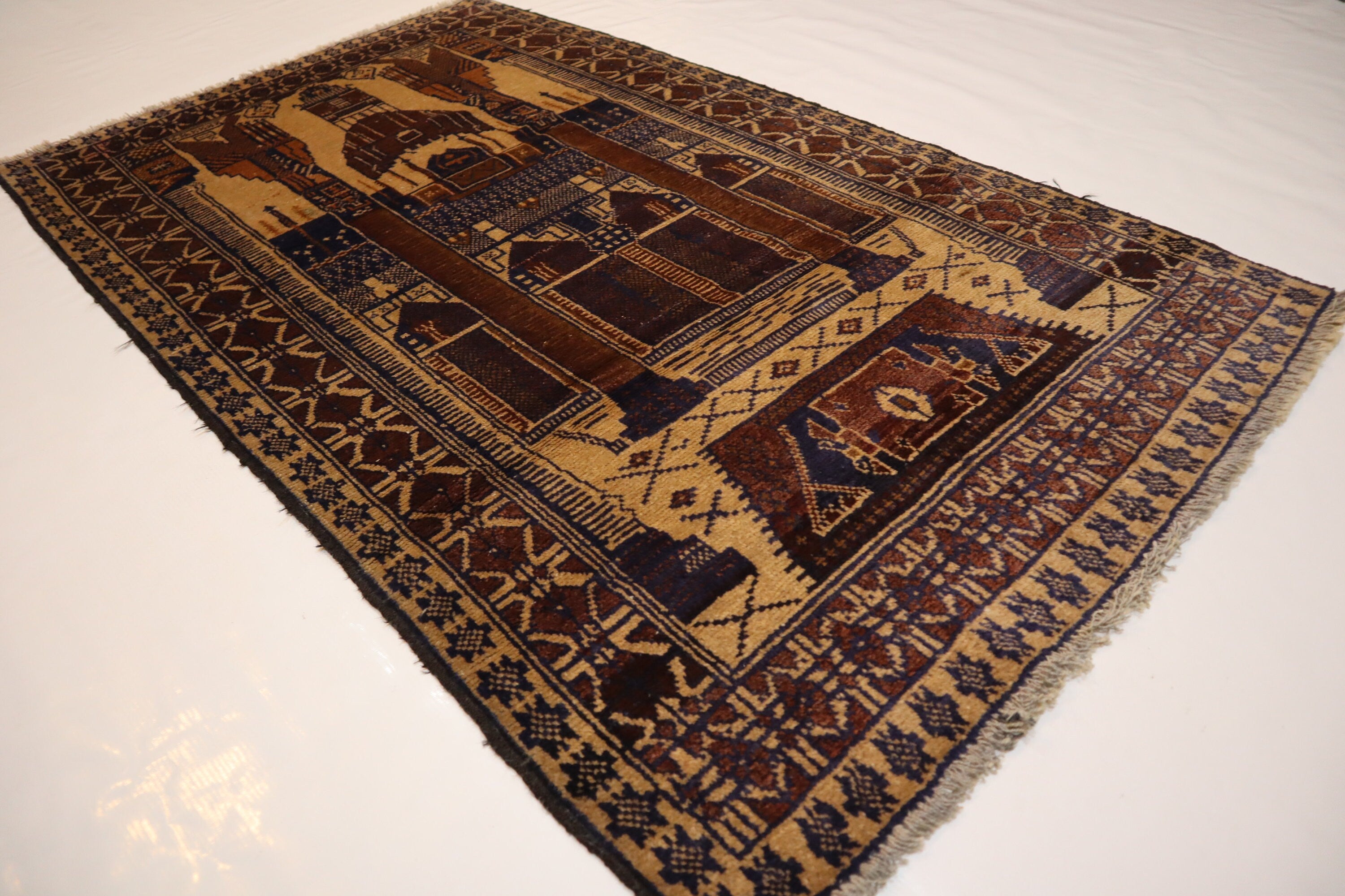 Hand-Knotted Vintage Afghan Prayer Rug - Soft Wool, Organic Dyes, 3x5 Feet