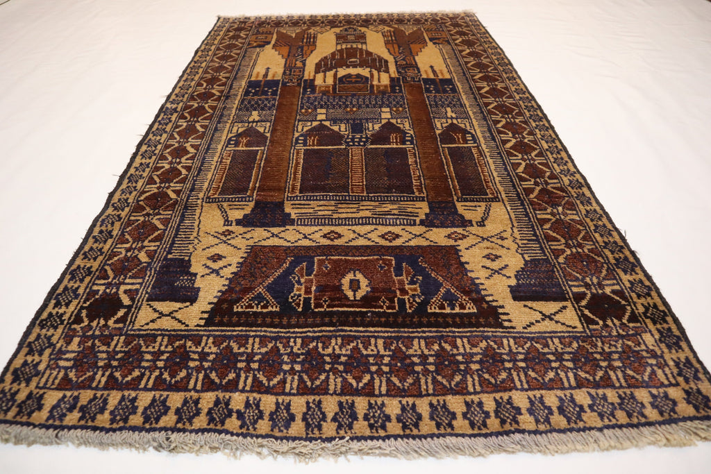Hand-Knotted Vintage Afghan Prayer Rug - Soft Wool, Organic Dyes, 3x5 Feet