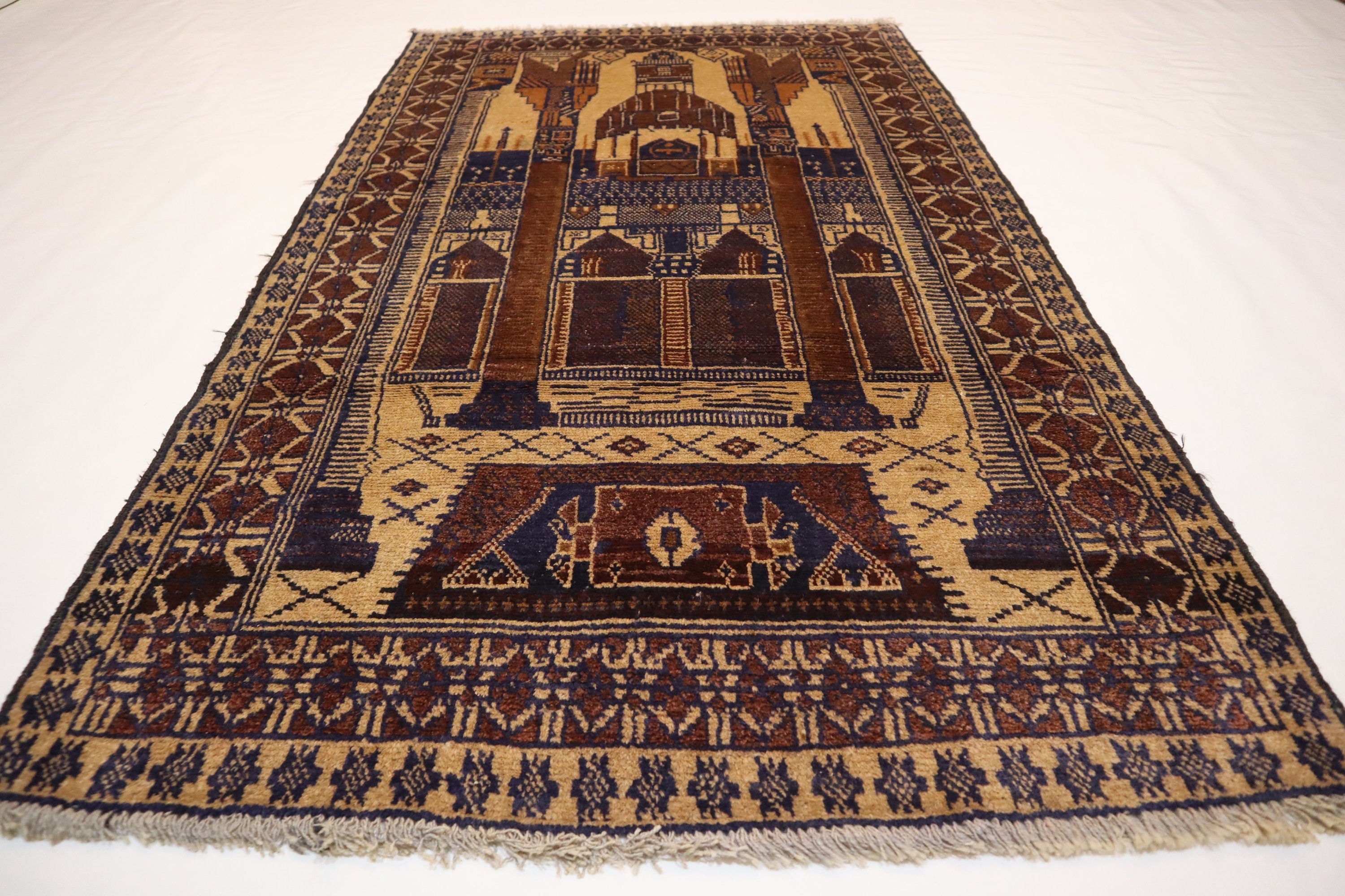 Hand-Knotted Vintage Afghan Prayer Rug - Soft Wool, Organic Dyes, 3x5 Feet