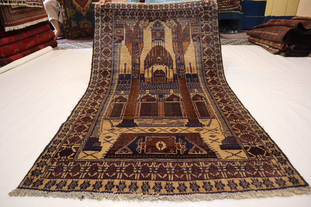 Hand-Knotted Vintage Afghan Prayer Rug - Soft Wool, Organic Dyes, 3x5 Feet