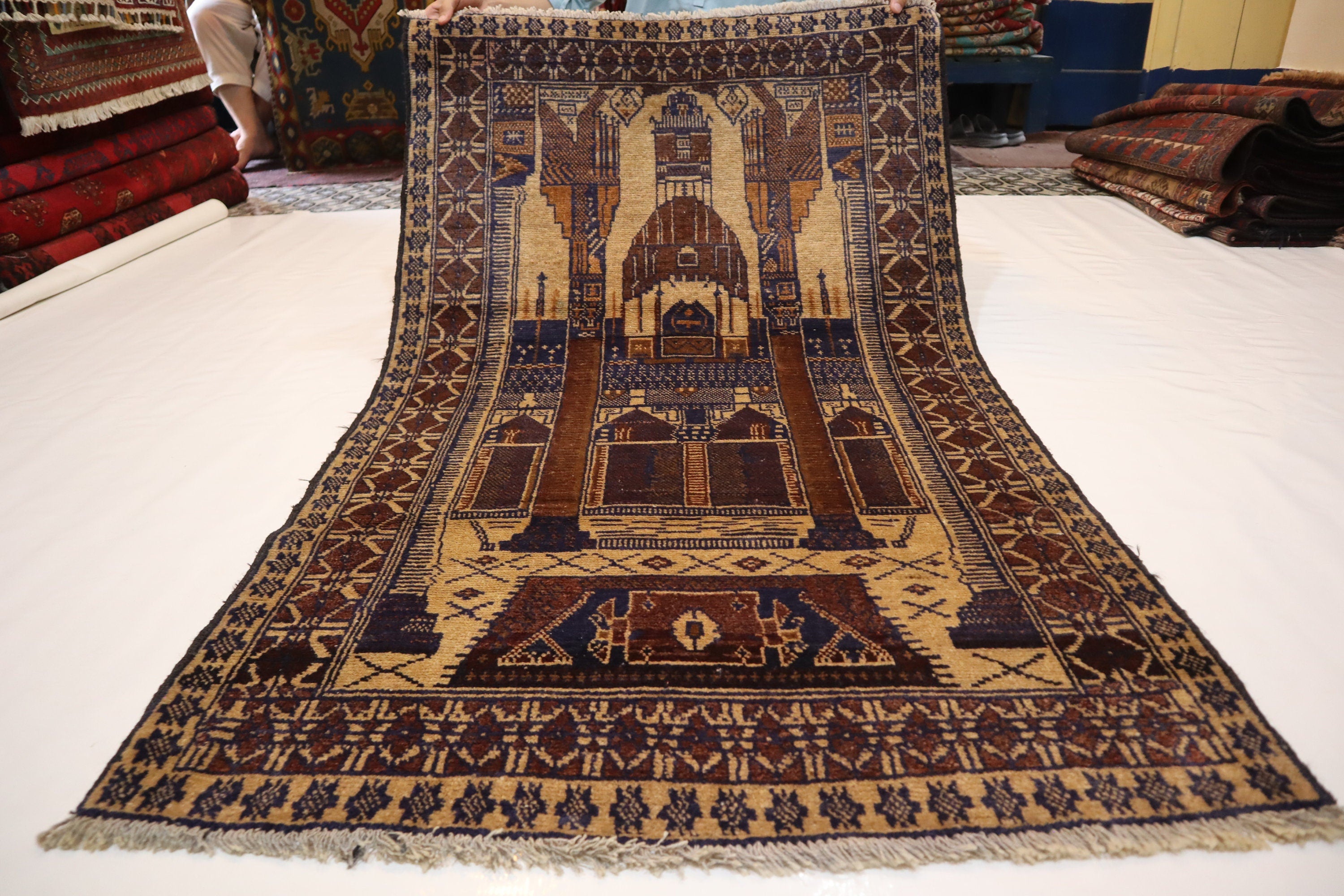 Hand-Knotted Vintage Afghan Prayer Rug - Soft Wool, Organic Dyes, 3x5 Feet