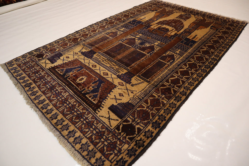 Hand-Knotted Vintage Afghan Prayer Rug - Soft Wool, Organic Dyes, 3x5 Feet